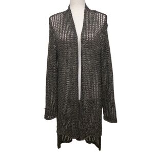 Eileen Fisher Open Knit Cardigan Duster Gray Metallic Sparkle Mesh Longline XL
